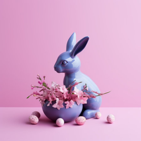 An artistic Easter arrangement on a dark background with Easter bunny and eggsの素材