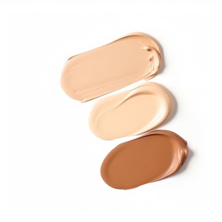 Different shades of liquid skin foundation on white background, top view. Set with samples of makeup productの素材