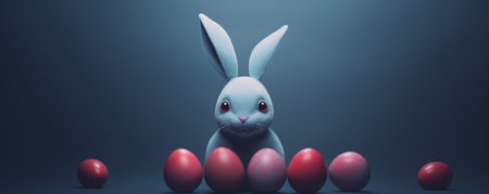 An artistic Easter arrangement on a dark background with Easter bunny and eggsの素材