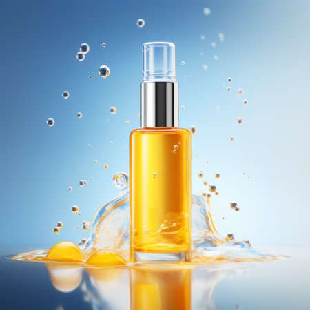 Beauty product bottle mockup, cosmetic container in liquid splash, skincare product packaging front view commercial templateの素材