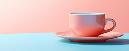 Cup of coffee on a colorful background. top view with copy space. morning concept. bannerの素材