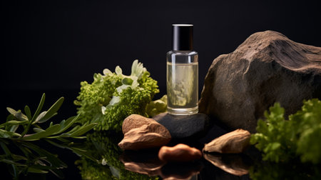 Cosmetic bottle mockup on natural green outdoors botanical background with plants, flowers and wooden elements, beauty product container commercial branding ready templateの素材