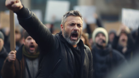 Group of protesters with their fists raised up in the air. Activists protesting on the street. People publicly demonstrating opposition. Gloomy city scenery.の素材