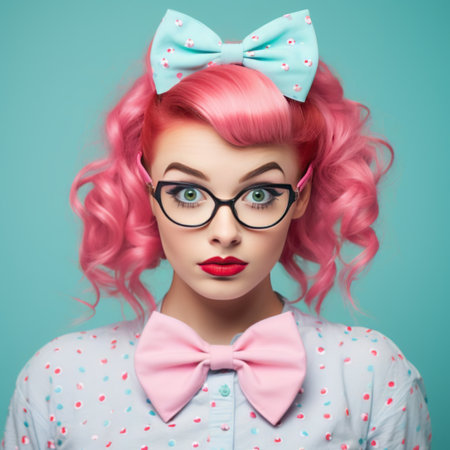 Stylish woman with vibrant pink hair and colorful retro outfitの素材