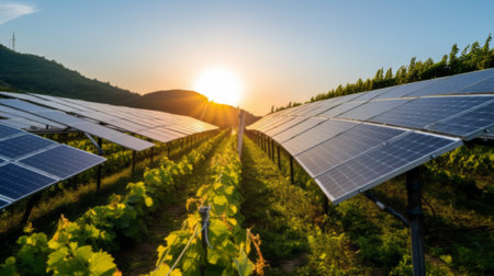 Solar panels facing the sun, supplying power to batteries in a shed. Low carbon footprint to pump water from a dam to irrigate grape vines.の素材