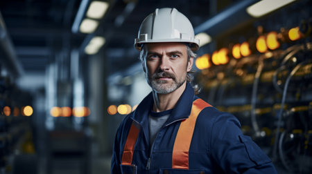 A smiling, professional engineer in a hardhat oversees operations in an industrial factory, ensuring safety and efficiency.の素材