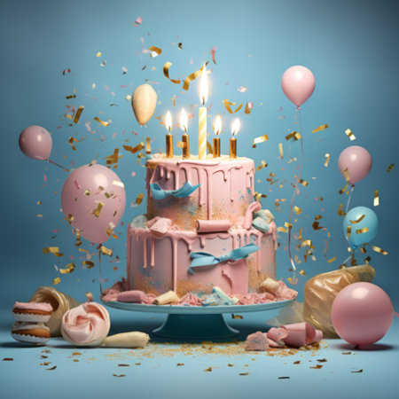 birthday cake with candles and balloons on purple backgroundの素材