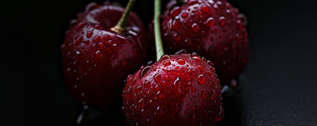 A solitary red cherry with water droplets against a dark backdropの素材