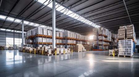 Rows of shelves with goods boxes in huge distribution .warehouse at industrial storage factory.の素材