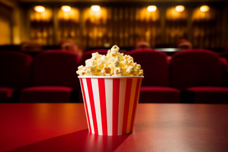 Close up a popcorn in paper stripped bucket on red soft armchair on blurred cinema hallの素材