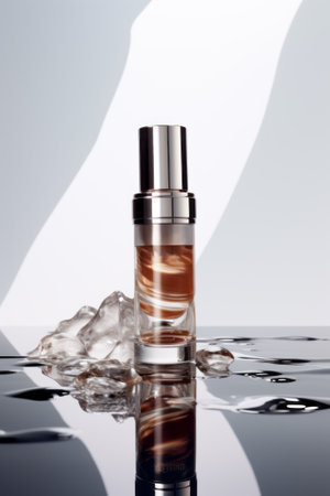 Beauty product bottle mockup, cosmetic container in liquid splash, skincare product packaging front view commercial templateの素材