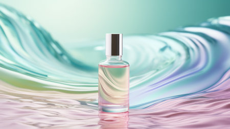 Beauty product bottle mockup, cosmetic container in liquid splash, skincare product packaging front view commercial templateの素材
