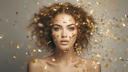A dreamlike visage of a young woman amidst a shower of golden flecksの素材