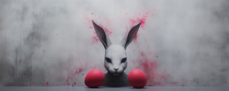 An artistic Easter arrangement on a dark background with Easter bunny and eggsの素材