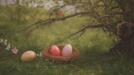 easter eggs on the nest on a dark background, artistic vintage Easter conceptの素材