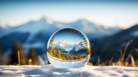 Winter landscape in a glass bowl with mountains in the backgroundの素材