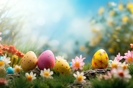 Vibrant Easter eggs among flowers on a bright spring dayの素材