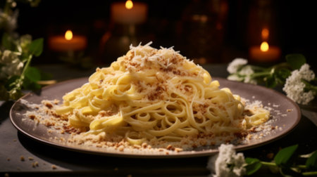 Italian pasta with white sauce basil and parmesan cheese in dark plateの素材
