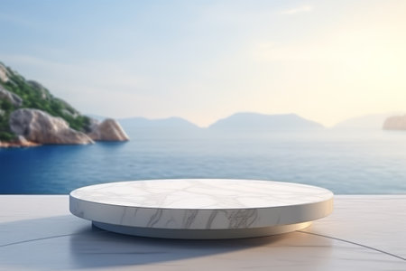 White marble stone podium product display with sea landscape as background.の素材