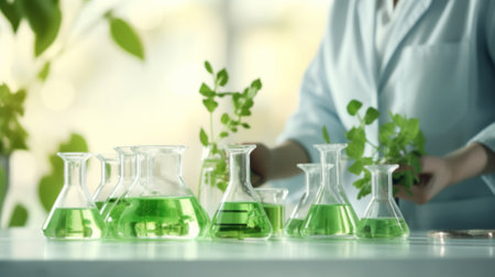 Scientist examining a plants in greenhouse farm. scientists holding equipment for research plant in organic farm. Quality control for hydroponics vegetable farm.の素材
