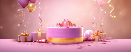 birthday cake with candles and balloons on purple backgroundの素材