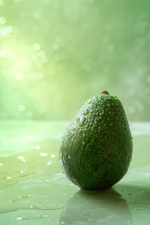 A ripe avocado with water drops on a reflective surfaceの素材
