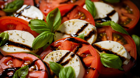 Italian caprese salad with sliced tomatoes, mozzarella cheese, basil, olive oil. Close upの素材