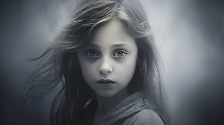 Black and white portrait of a thoughtful young girl.の素材
