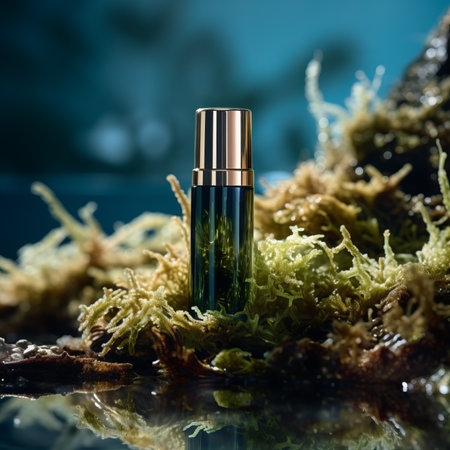 Cosmetic bottle mockup on natural green outdoors botanical background with plants, flowers and wooden elements, beauty product container commercial branding ready templateの素材
