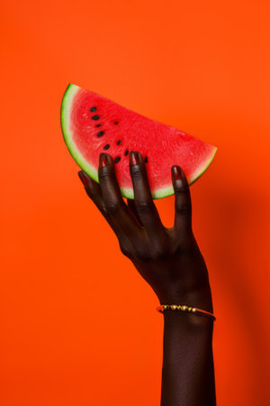 A hand displaying a juicy slice of watermelon on a contrasting orange backdropの素材