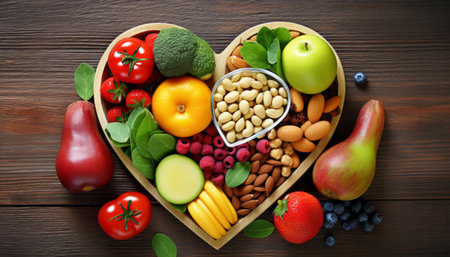 a heart shaped plate filled with a colorful assortment of fresh fruits and vegetables perfect for promoting healthy eating habits and a balanced dietの素材