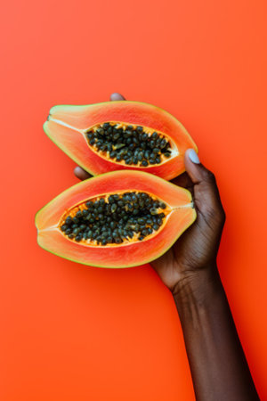 A papaya half with seeds held in a hand, contrasted on an orange surfaceの素材