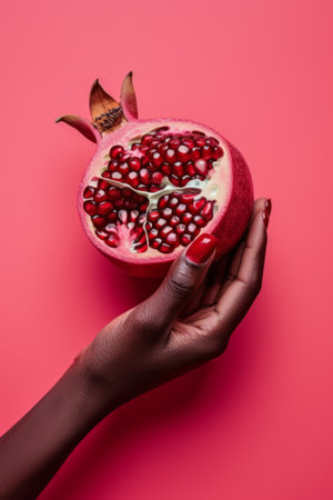 Close-up of a hand presenting a vibrant pomegranate half against a pink backgroundの素材