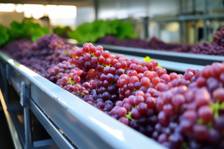 Red grapes on a conveyor belt in a wine factoryの素材
