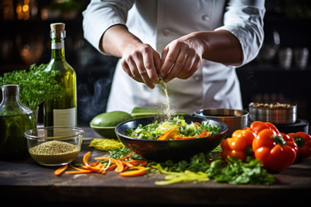 A chef's hands artfully sprinkle herbs over chopped vegetablesの素材