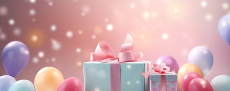 Colorful birthday or baby shower card with balloons and gifts, with space for textの素材