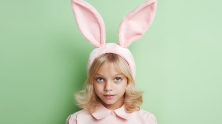 Beautiful little girl with rabbit ears on pastel background bannerの素材