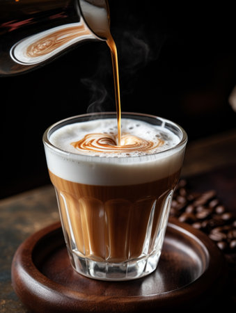 coffee latte with cream being poured into itの素材