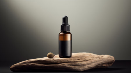 Reusable dark amber glass bottle for oil, cream, lotion or serum on a minimalistic background with  shadows and plants. Presentation of a cosmetic product. Layout of the beauty salon branding.の素材