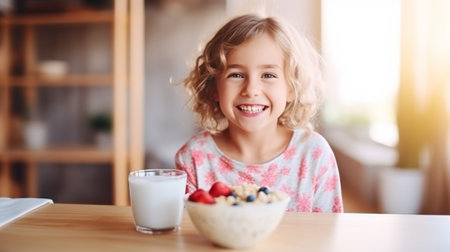 Smiling adorable child having breakfast eating oatmeal porridge with berries.の素材