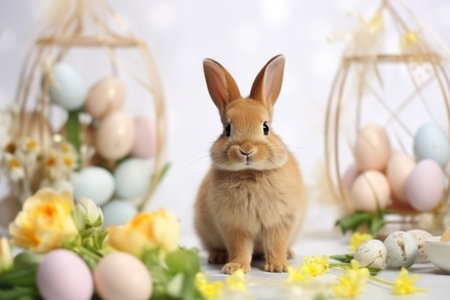 Adorable Easter Bunny Among Pastel Eggs and Spring Flowers.の素材
