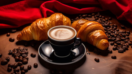 A cup of coffee and croissants copy spaceの素材