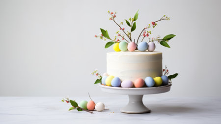 White cake decorated with chocolate Easter eggs and spring flowers banner, Easter holidayの素材