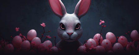 An artistic Easter arrangement on a dark background with Easter bunny and eggsの素材