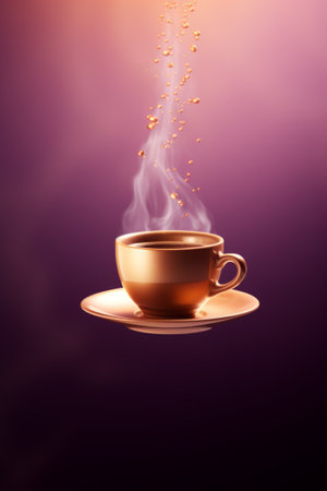 Cup of coffee levitationg on purple background, coffee splashesの素材