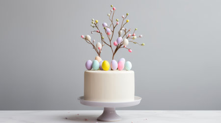 White cake decorated with chocolate Easter eggs and spring flowers banner, Easter holidayの素材