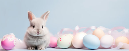 Adorable Easter Bunny Among Pastel Eggs and Spring Flowers.の素材