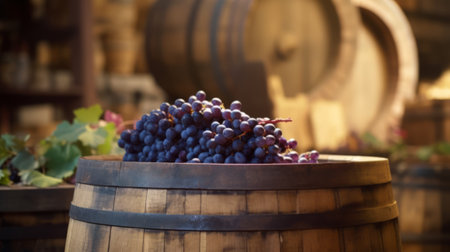 Old oak barrels in the cellar. Fermentation of alcoholic beverages. Wine warehouse. Vintage backgroundの素材