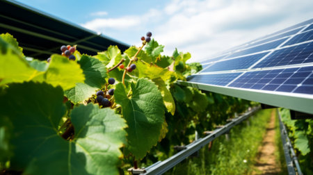 Solar panels facing the sun, supplying power to batteries in a shed. Low carbon footprint to pump water from a dam to irrigate grape vines.の素材