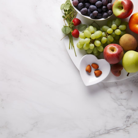 a heart shaped plate filled with a colorful assortment of fresh fruits and vegetables perfect for promoting healthy eating habits and a balanced dietの素材